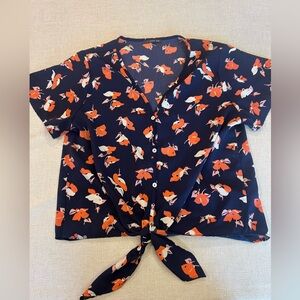 West Kei Navy Blouse with Orange and White Floral Print